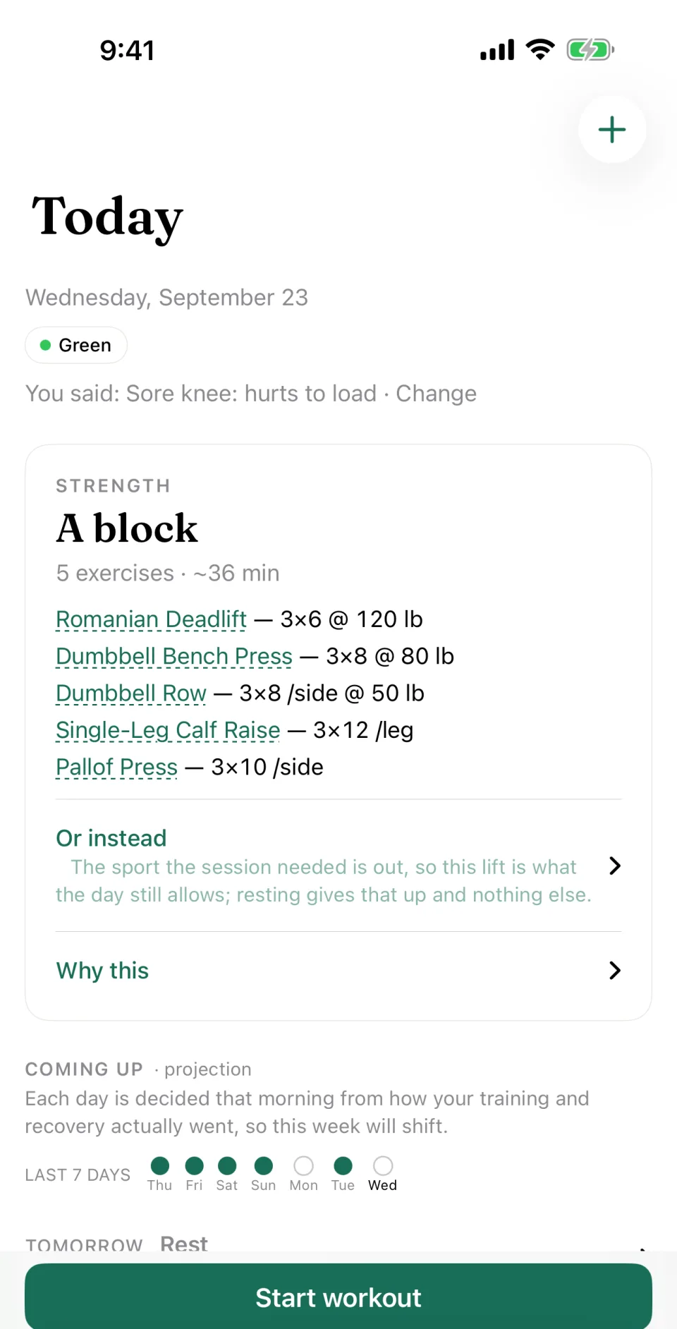The same day on a phone: Monday 21 September, green, with “You said: Sore knee: hurts to load” and a Change link under it; an A block of five exercises in about 36 minutes and a Start workout button.