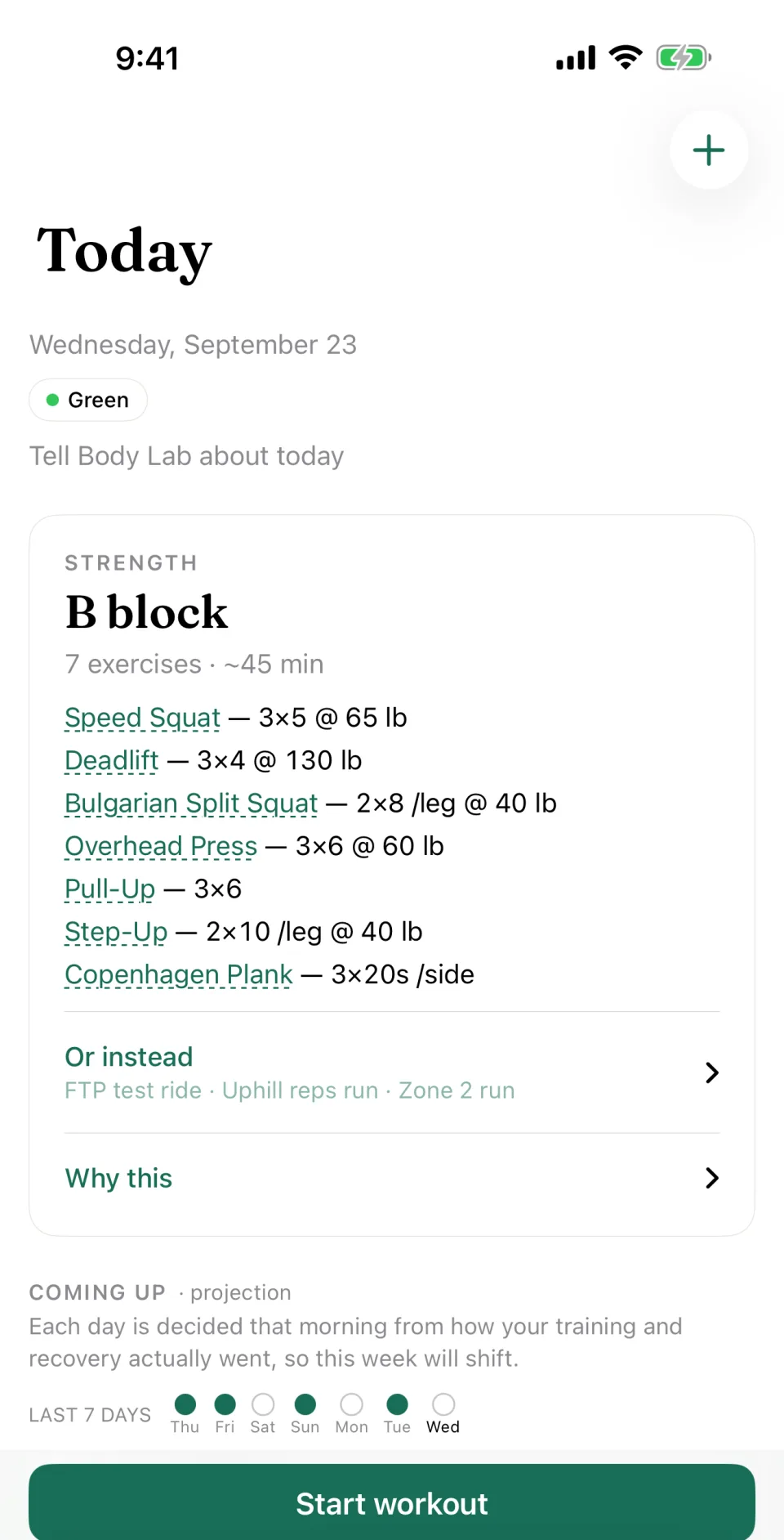 The same day on a phone: Monday 21 September, green, no race, and a B block of seven exercises in about 45 minutes, opening with Speed Squat at three sets of five and a Start workout button.